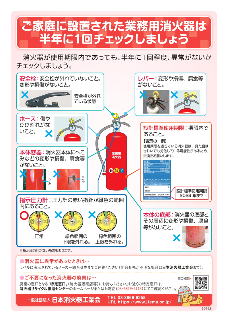 ご家庭に設置された業務用消火器は半年に1回チェックしましょう